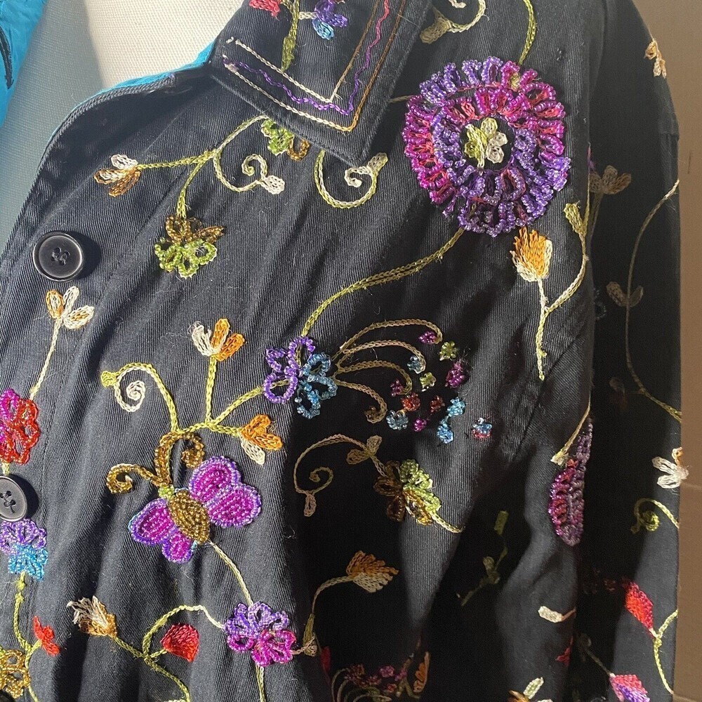 Vtg Quaker Factory Jacket Women Sz M Black Beaded Butterflies Embroidery Flowers - Picture 5 of 9